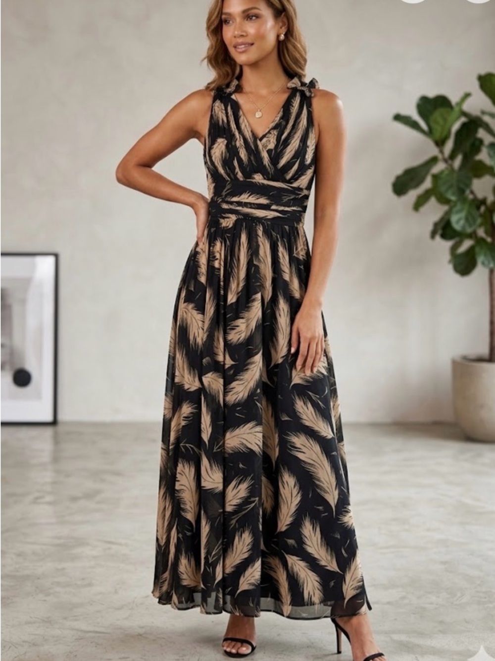 Marchesa Notte Feather Print Silk Chiffon Gown Ruffle Maxi Size 2